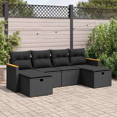 Durable 6 Piece Garden Sofa Set with Cushions Black Poly Rattan