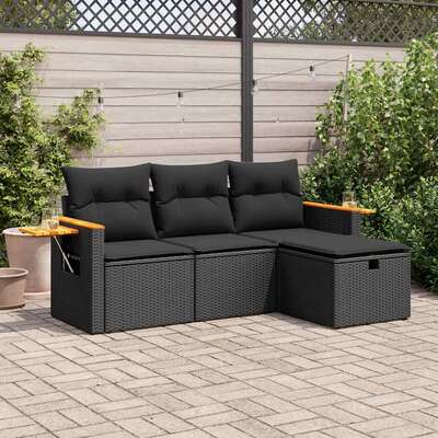 Elegant 4 Piece Garden Sofa Set with Cushions Black Poly Rattan