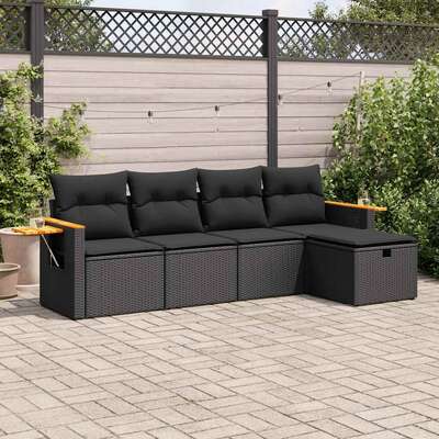 Modern 5 Piece Garden Sofa Set with Cushions Black Poly Rattan