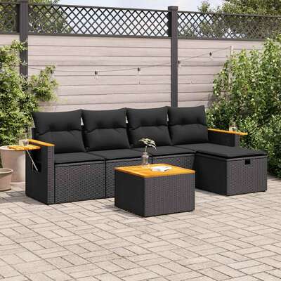 Luxury 6 Piece Garden Sofa Set with Cushions - Black Poly Rattan