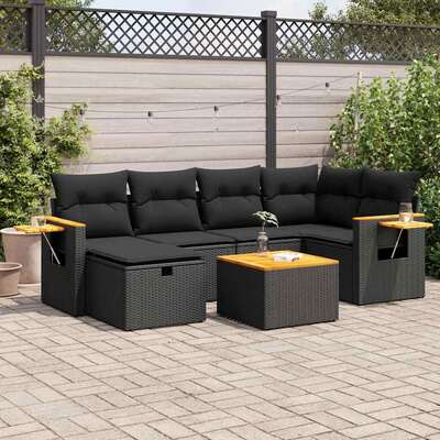 Garden Sofa Set with Cushions Modular Sofa 7 Pcs - Black Poly Rattan