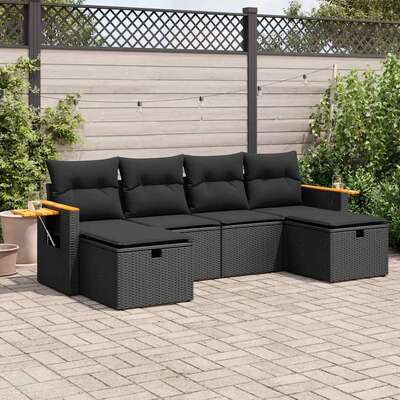 Garden Sofa Set with Cushions Modular Sofa 6 Pcs - Black Poly Rattan