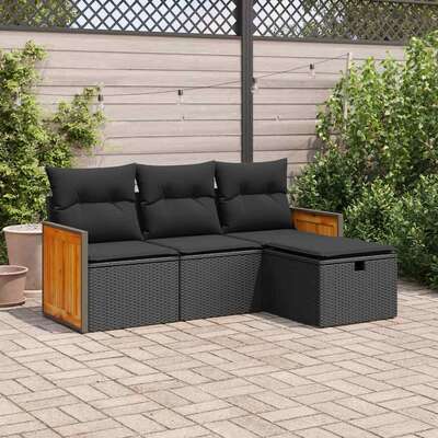 Garden Sofa Set with Cushions Modular Sofa 4 Pcs Black Poly Rattan