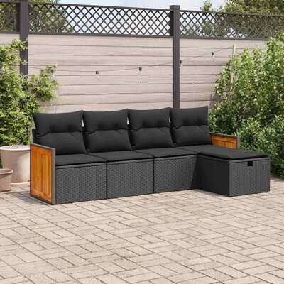Garden Sofa Set with Cushions Modular Sofa 5 Pcs Black Poly Rattan 