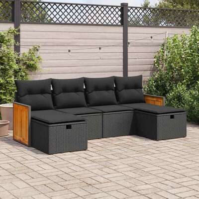 Modern Garden Sofa Set with Cushions Modular Sofa 6 Piece Black Poly Rattan