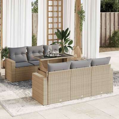 Versatile - Garden Sofa Set with Cushions Modular Sofa 7 Piece Beige Poly Rattan