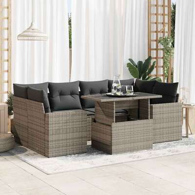 Garden Sofa Set with Cushions Modular Sofa 7 Piece Grey Poly Rattan  - Outdoor Relaxation