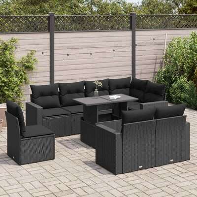Elegant Garden Sofa Set with Cushions Modular Sofa 9 Piece Black Poly Rattan 