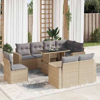 Garden Sofa Set with Cushions Modular Sofa 9 Piece Beige - Poly Rattan