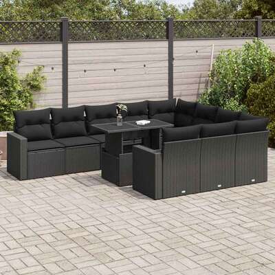 11 Piece Garden Sofa Set with Cushions Black Poly Rattan - Elegant & Comfortable
