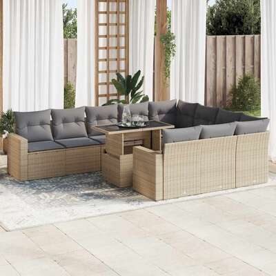 11 Piece Garden Sofa Set with Cushions Beige Poly Rattan - Sleek & Functional