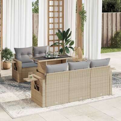 6 Piece Garden Sofa Set with Cushions Beige Poly Rattan  - Comfy & Chic