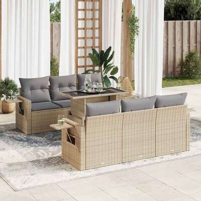 Modern 7 Piece Garden Sofa Set with Cushions Beige Poly Rattan