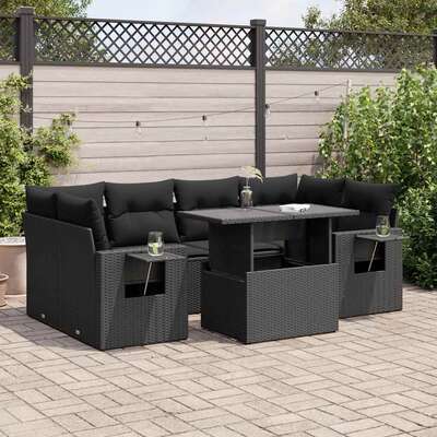 Comfortable & Durable 7 Piece Garden Sofa Set with Cushions Black Poly Rattan