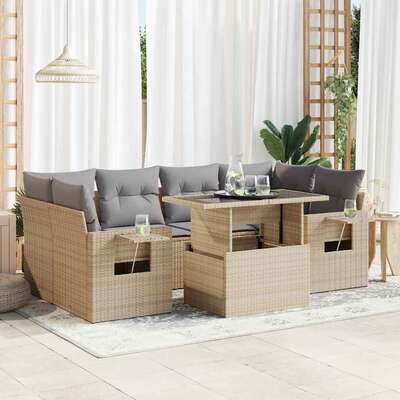 7 Piece Garden Sofa Set with Cushions Beige Poly Rattan - Outdoor Comfort