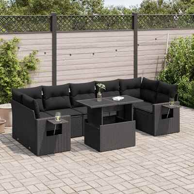 Durable and Stylish 8 Piece Garden Sofa Set with Cushions Black Poly Rattan