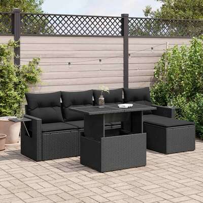 Elegant 6 - Piece Garden Sofa Set with Cushions Black Poly Rattan