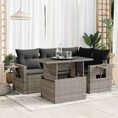 5 Pcs Garden Sofa Set with Cushions Poly Rattan - Outdoor Luxury
