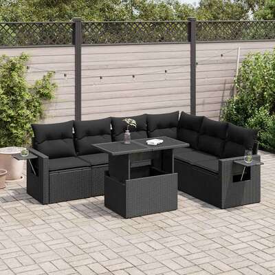 Luxury 7 Piece Garden Sofa Set with Cushions Black Poly Rattan