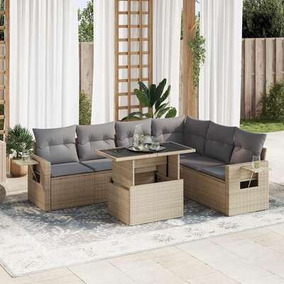 7 Piece Garden Sofa Set with Cushions Beige Poly Rattan - Outdoor Luxury