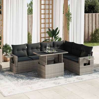 7 Piece Garden Sofa Set with Cushions Grey Poly Rattan - Outdoor Luxury