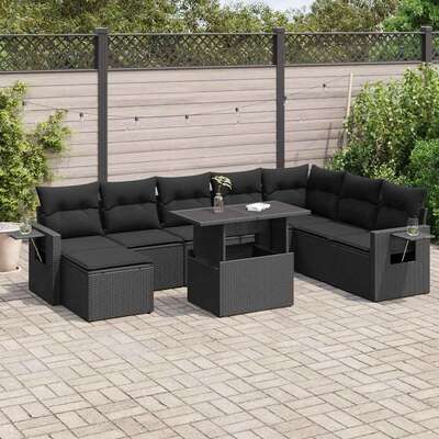 Garden Sofa Set with Cushions Modular Sofa 9 Piece - Black Poly Rattan