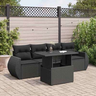 Modern Garden Sofa Set with Cushions Modular Sofa 5 Piece Black Poly Rattan