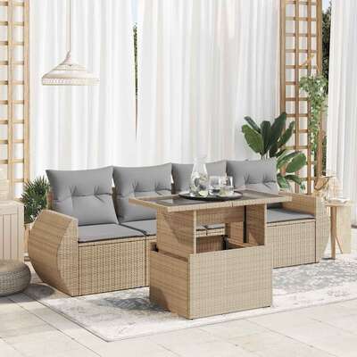 Garden Sofa Set with Cushions Modular Sofa 5 Piece - Beige Poly Rattan