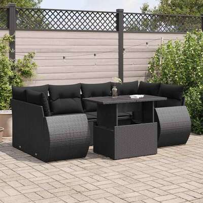 Luxurious Garden Sofa Set with Cushions Modular Sofa 7 Piece - Black Poly Rattan