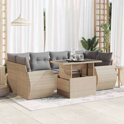 Garden Sofa Set with Cushions Modular Sofa 7 Piece Beige - Poly Rattan