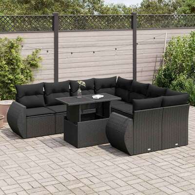 Sleek & Comfortable Garden Sofa Set with Cushions Modular Sofa 9 Piece Black Poly Rattan