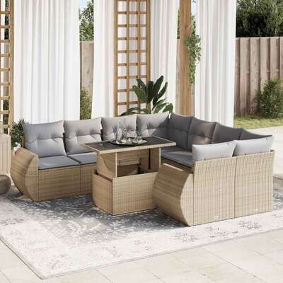 Comfort & Style Garden Sofa Set with Cushions Modular Sofa 9 Piece Beige Poly Rattan