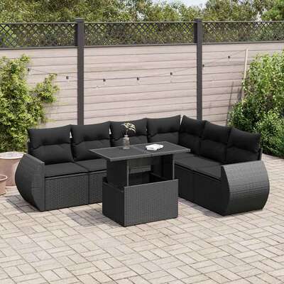 Durable 7 Piece Garden Sofa Set with Cushions Black Poly Rattan