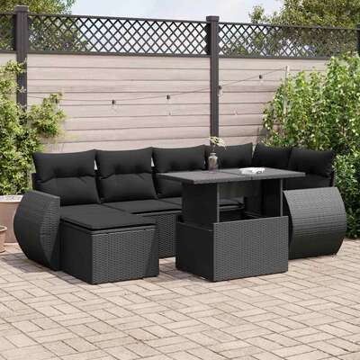 7 Piece Garden Sofa Set with Cushions Black Poly Rattan Durable and Stylish 