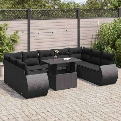 10 Piece Garden Sofa Set with Cushions Black Poly Rattan 