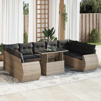 10 Piece Garden Sofa Set with Cushions Grey Poly Rattan - Outdoor Comfort