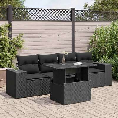 5 Piece Garden Sofa Set with Cushions Black Poly Rattan - Perfect Outdoor Comfort