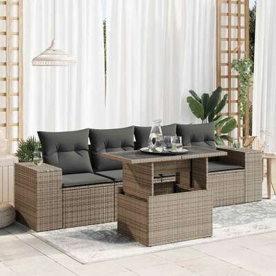 5 Piece Garden Sofa Set with Cushions Grey Poly Rattan  - Outdoor Luxury