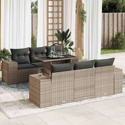 Sleek and Comfortable 7 Piece Garden Sofa Set with Cushions Grey Poly Rattan