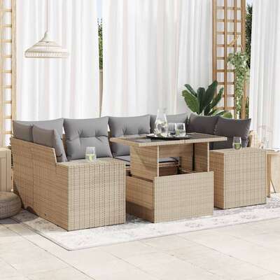 Modern 7 Piece Garden Sofa Set with Cushions - Beige Poly Rattan