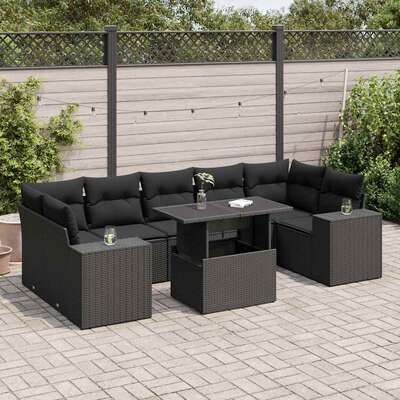 8 Piece Garden Sofa Set with Cushions Black Poly Rattan - Perfect Outdoor Comfort