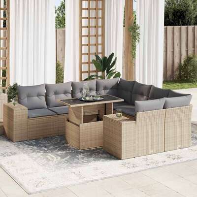 Sleek 9 Piece Garden Sofa Set with Cushions Beige Poly Rattan
