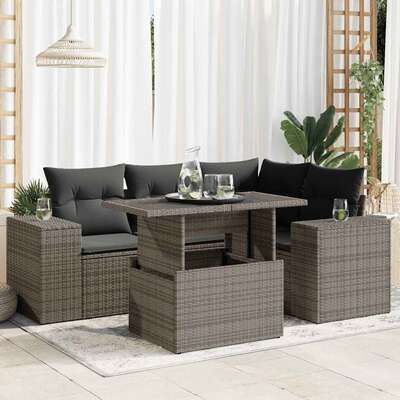 5 Piece Garden Sofa Set with Cushions Grey Poly Rattan  - Outdoor Comfort