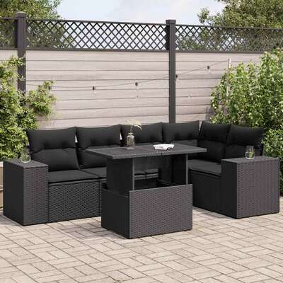 6 Piece Garden Sofa Set with Cushions Black Poly Rattan - Comfy & Chic