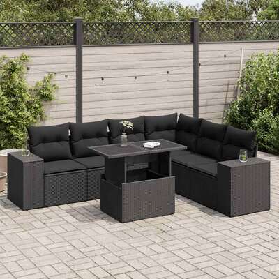 7 Pcs Garden Sofa Set with Cushions Black Poly Rattan - Durable