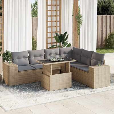 Stylish 7 Piece Garden Sofa Set in Beige Poly Rattan with Cushions