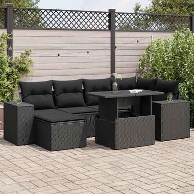 Modern Garden Sofa Set with Cushions Modular Sofa 7 Piece - Black Poly Rattan