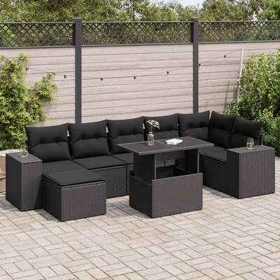 8 Piece Garden Sofa Set with Cushions Black Poly Rattan - Luxurious