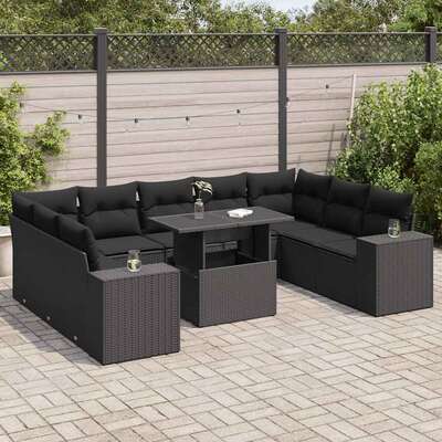 10 Piece Garden Sofa Set with Cushions Black Poly Rattan - Comfy & Chic