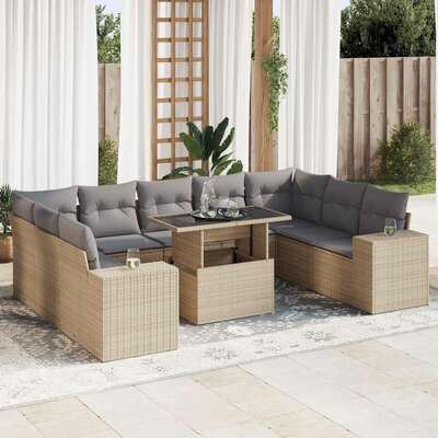 Ultimate Comfort 10 Piece Garden Sofa Set with Cushions Beige Poly Rattan